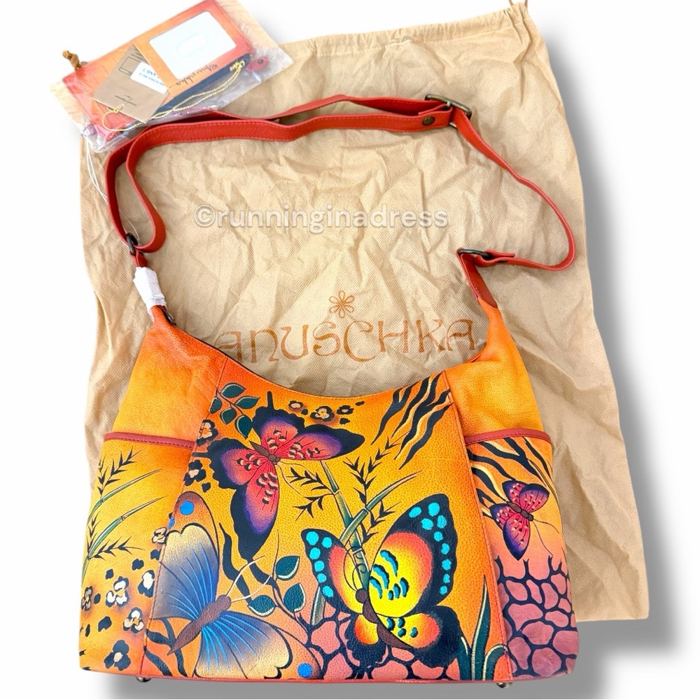 Anuschka Hand-Painted Leather Convertible Hobo Animal Butterfly Print Tangerine